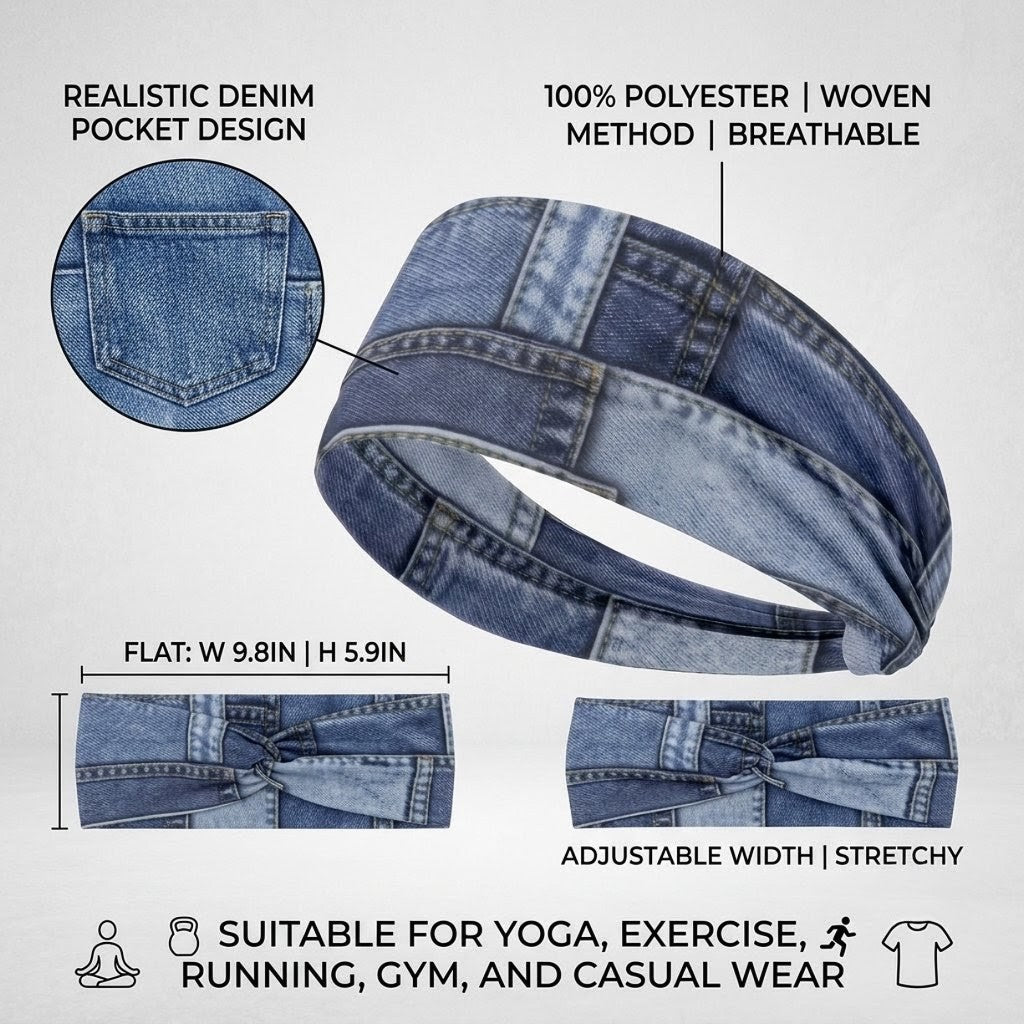 Adjustable Denim-Texture Elastic Headband – Flat 2D Design Hair Accessory for Women